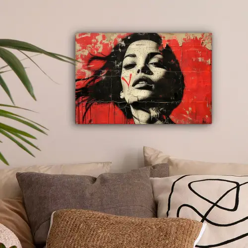 Graffiti - Vrouw - Rood - Street art - Banksy canvas 2cm klein -sfeer1