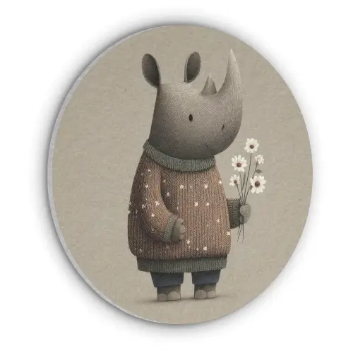 Neushoorn - Witte bloemen - Lief Akoestische PET Vilt - Rond klein -3d