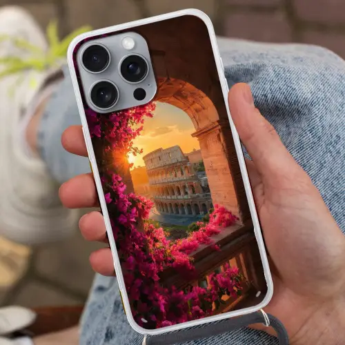 Colosseum - Rome - Roze Bloemen Hoesje iPhone 16 Pro Max met koord klein -sfeer3