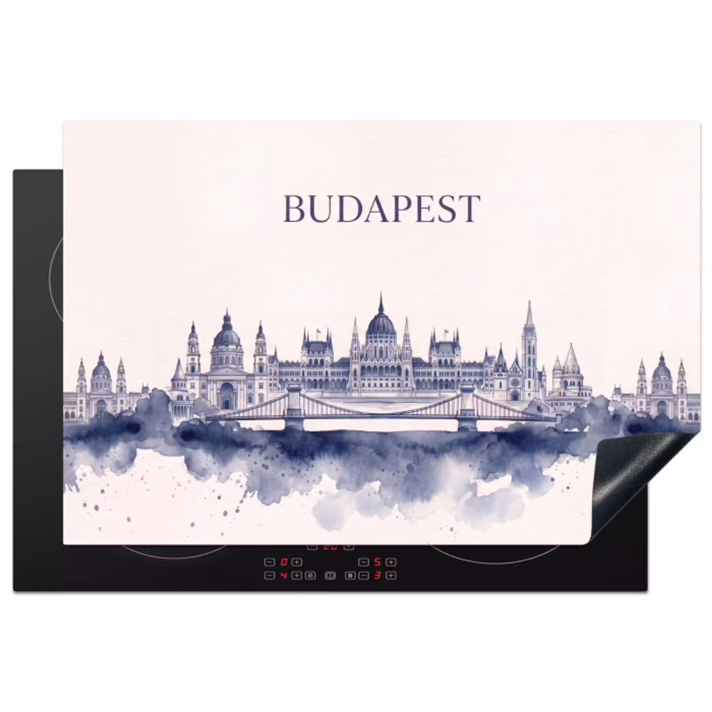 Boedapest - Skyline - Architectuur - Aquarel - Blauw Inductie beschermer vinyl 3mm klein -3d