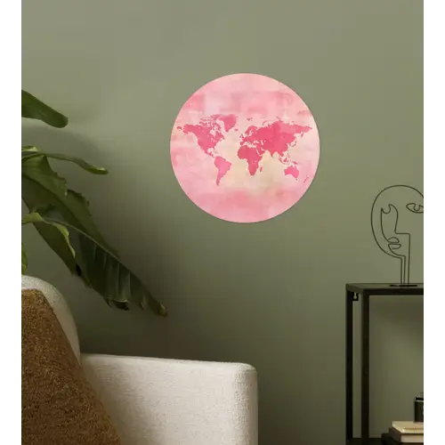Wereldkaart - Roze - Vaag Wandcirkel behangsticker klein -sfeer2
