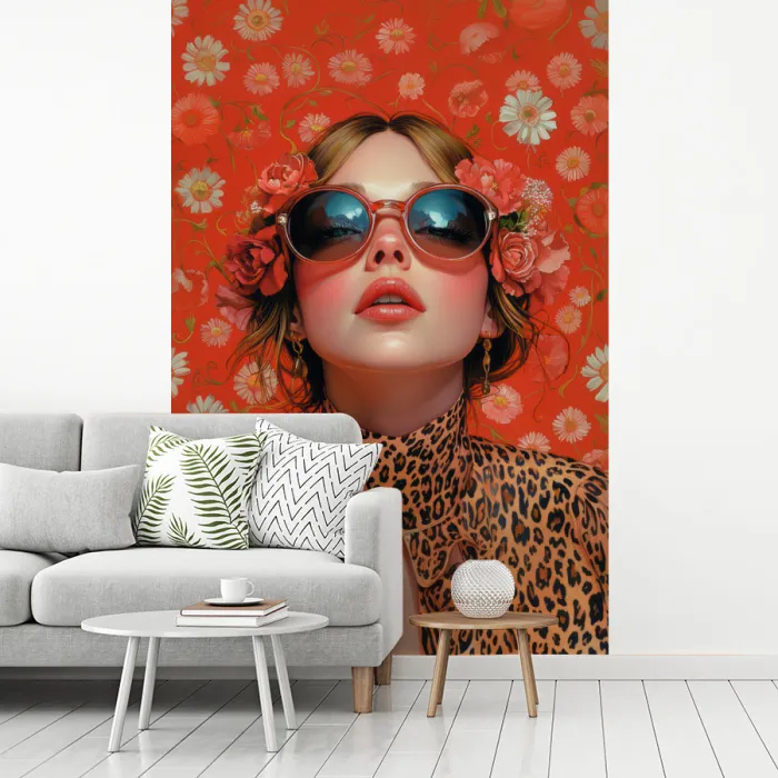 Vrouw - Kleurrijk - Dierenprint - Bloemen fotobehang vinyl groot -woonkamer
