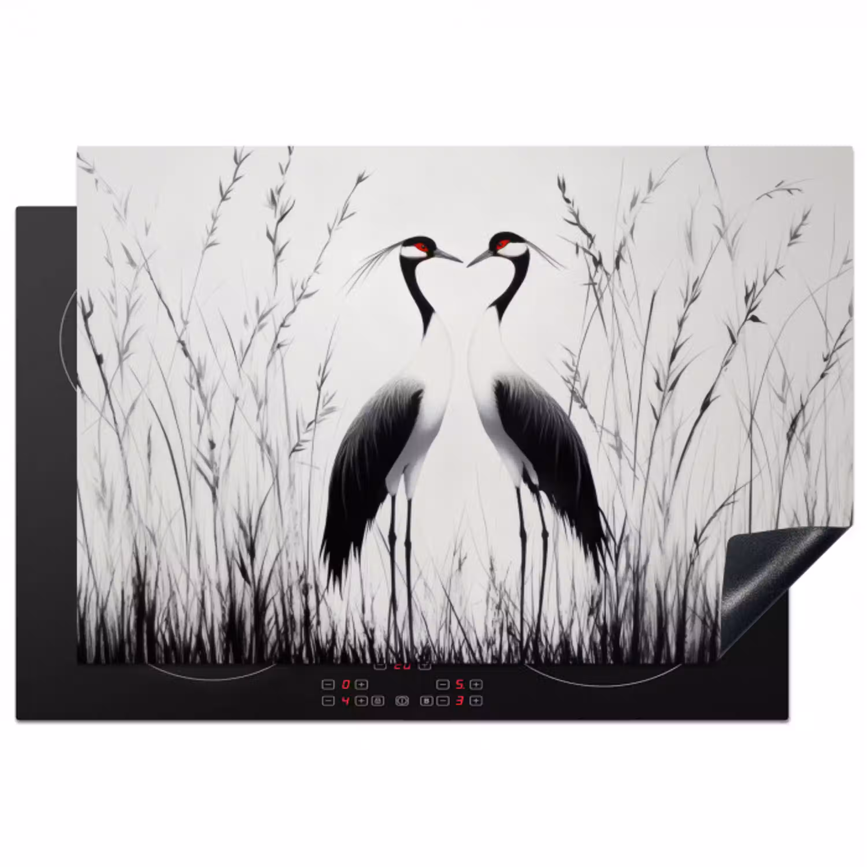 Kraanvogels - Gras - Hartvorm - Zwart Inductie beschermer vinyl 3mm klein -3d