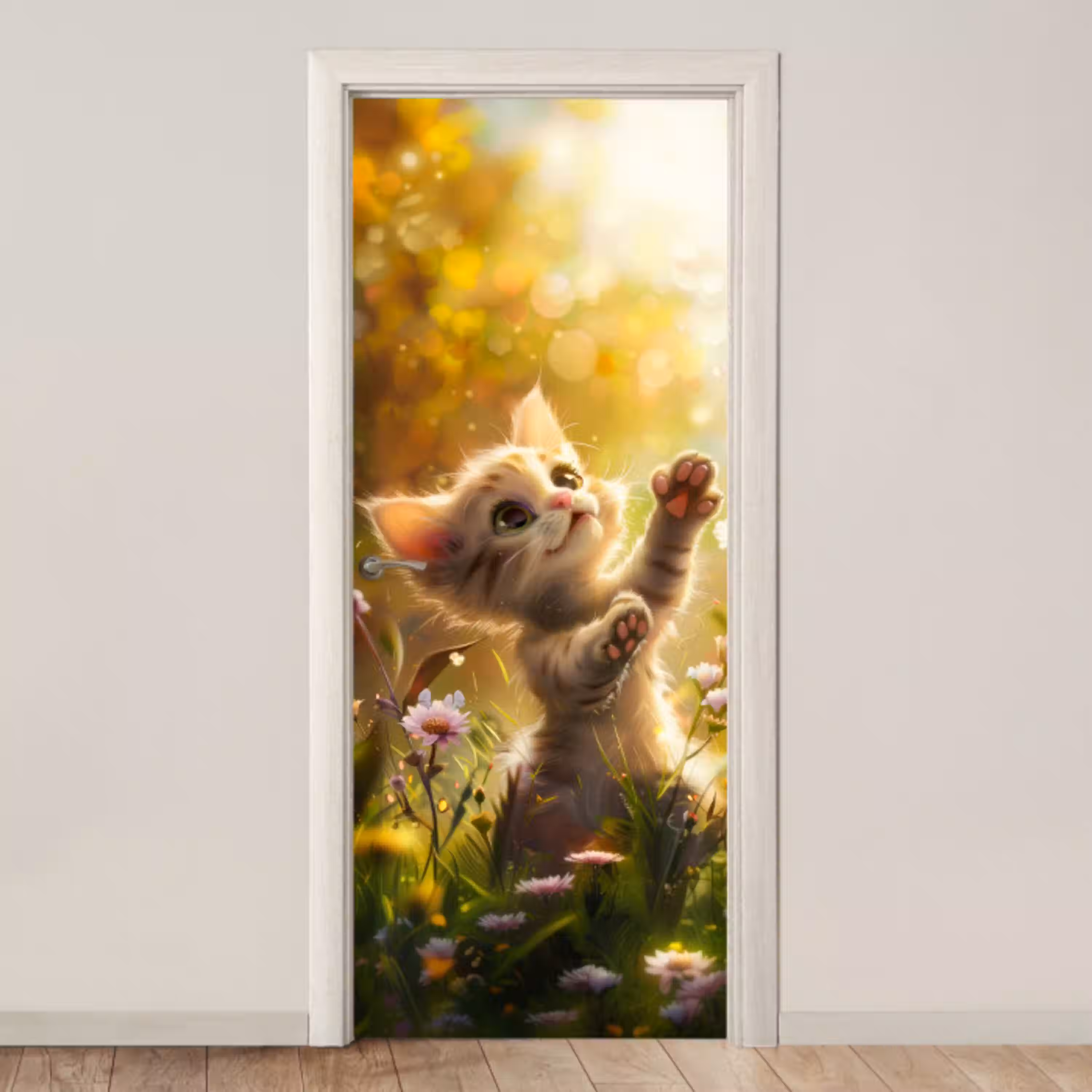 Kitten - Dier - Natuur - Bloemen deurposter klein -3d_beige