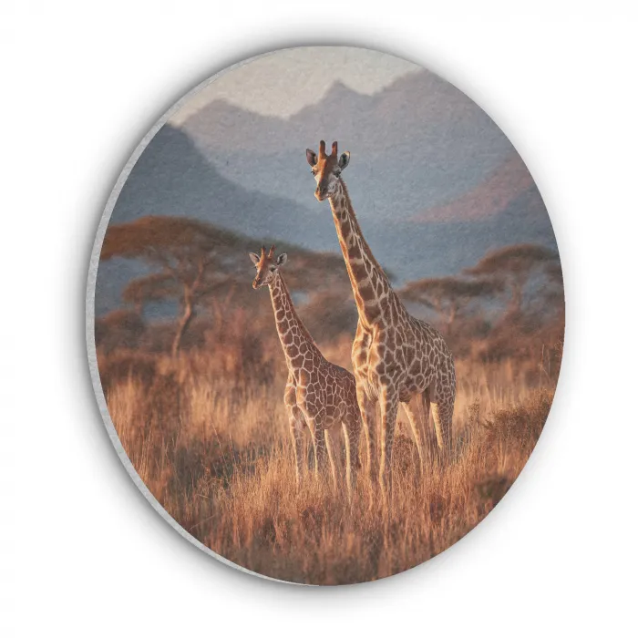 Giraffen - Hoog gras - Acaciabomen Akoestische PET Vilt - Rond klein -3d