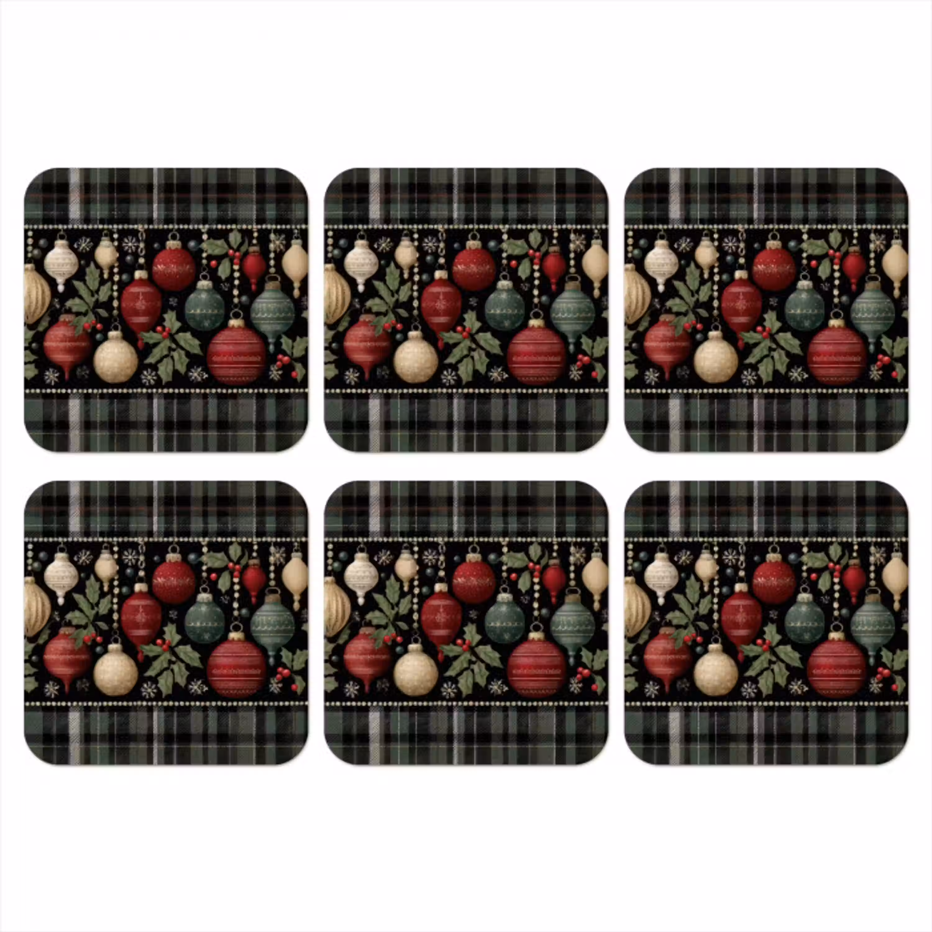 Kerstballen - Rood - Hulsttakken - Patroon onderzetter kurk middel -3d