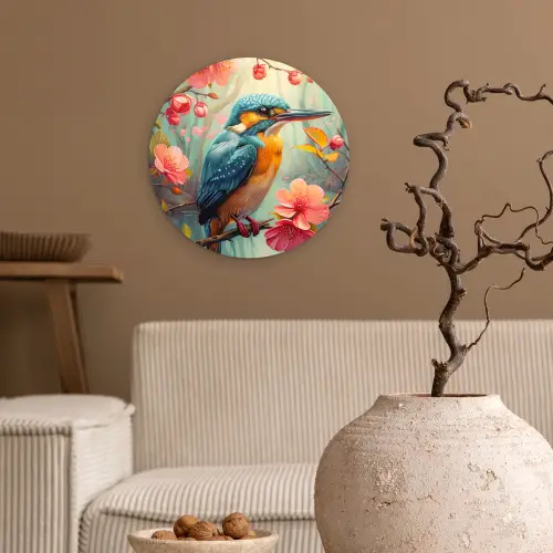IJsvogel - Bloesem - Natuur - Vogels - Bloemen Wandcirkel kunststof plaat 5mm dik klein -sfeer1