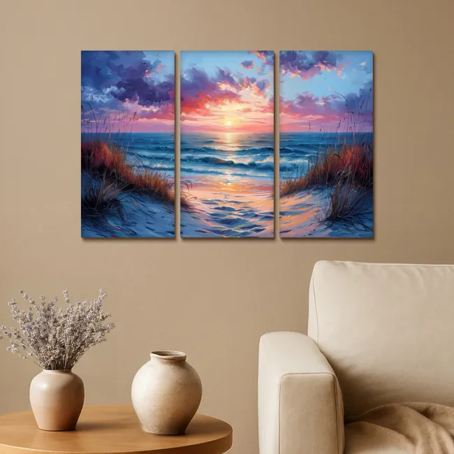 Strand - Blauw - Verf - Paars Canvas - Meerluiken 3 luik klein -sfeer1