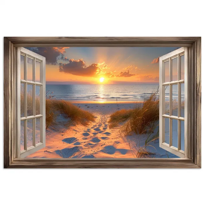Doorkijk - Strand - Duinen - Zonsondergang poster papier klein -3d