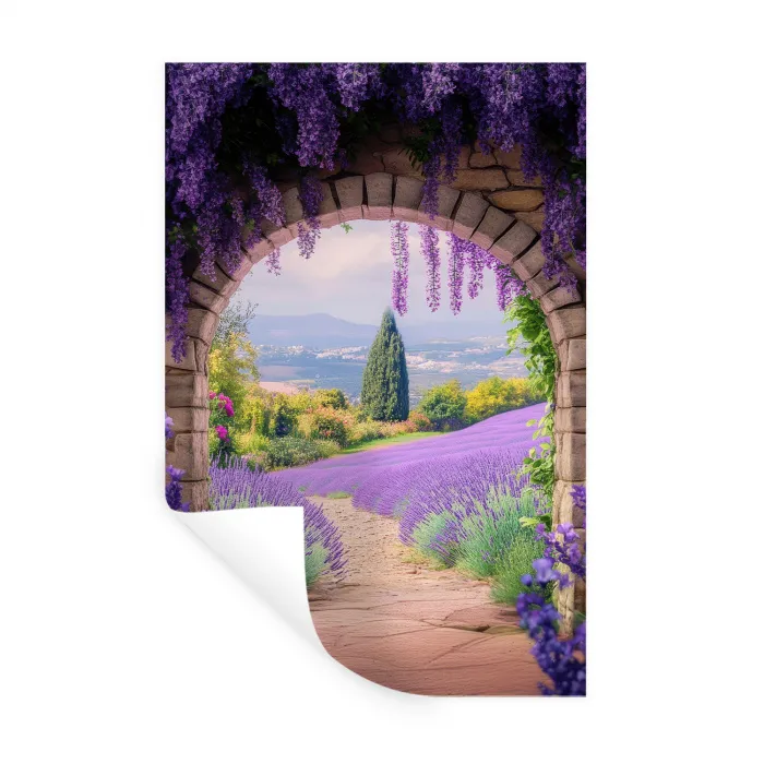 Doorkijk - Lavendel - Bloemen - Paars - Poort Muursticker klein -3d