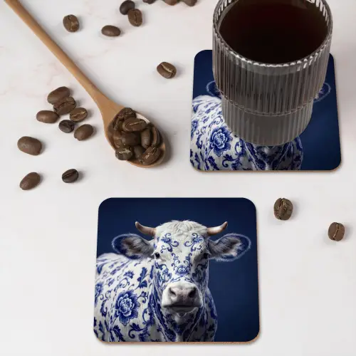 Koe - Delfts - Blauw - Artistiek onderzetter kurk middel -sfeer2