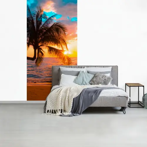 Palm - Zonsondergang - Horizon - Strand - Zee fotobehang vinyl groot -slaapkamer