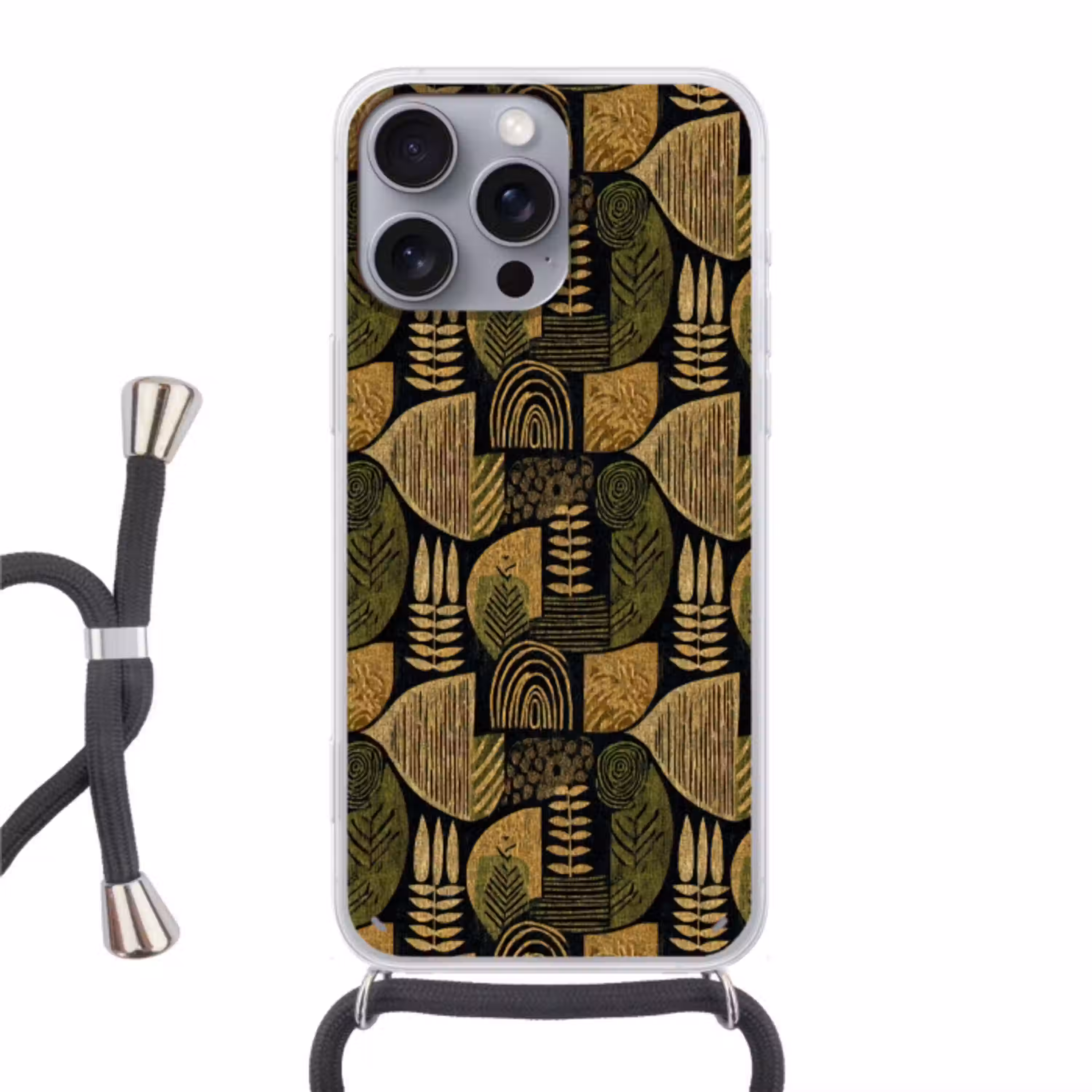 Zwart - Okergeel - Botanisch - Textuur Hoesje iPhone 16 Pro Max met koord klein 804 -3d