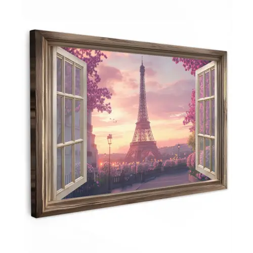 Doorkijk - Parijs - Eiffeltoren - Roze - Kersenbloesem Tuinposter op houten frame 2 cm dik klein -3d