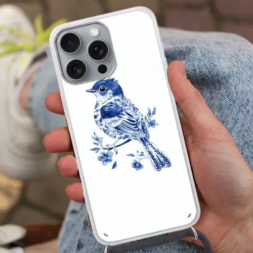Vogel - Delfts blauw - Illustratie - Bloemen Hoesje iPhone 16 Pro Max met koord klein -sfeer3