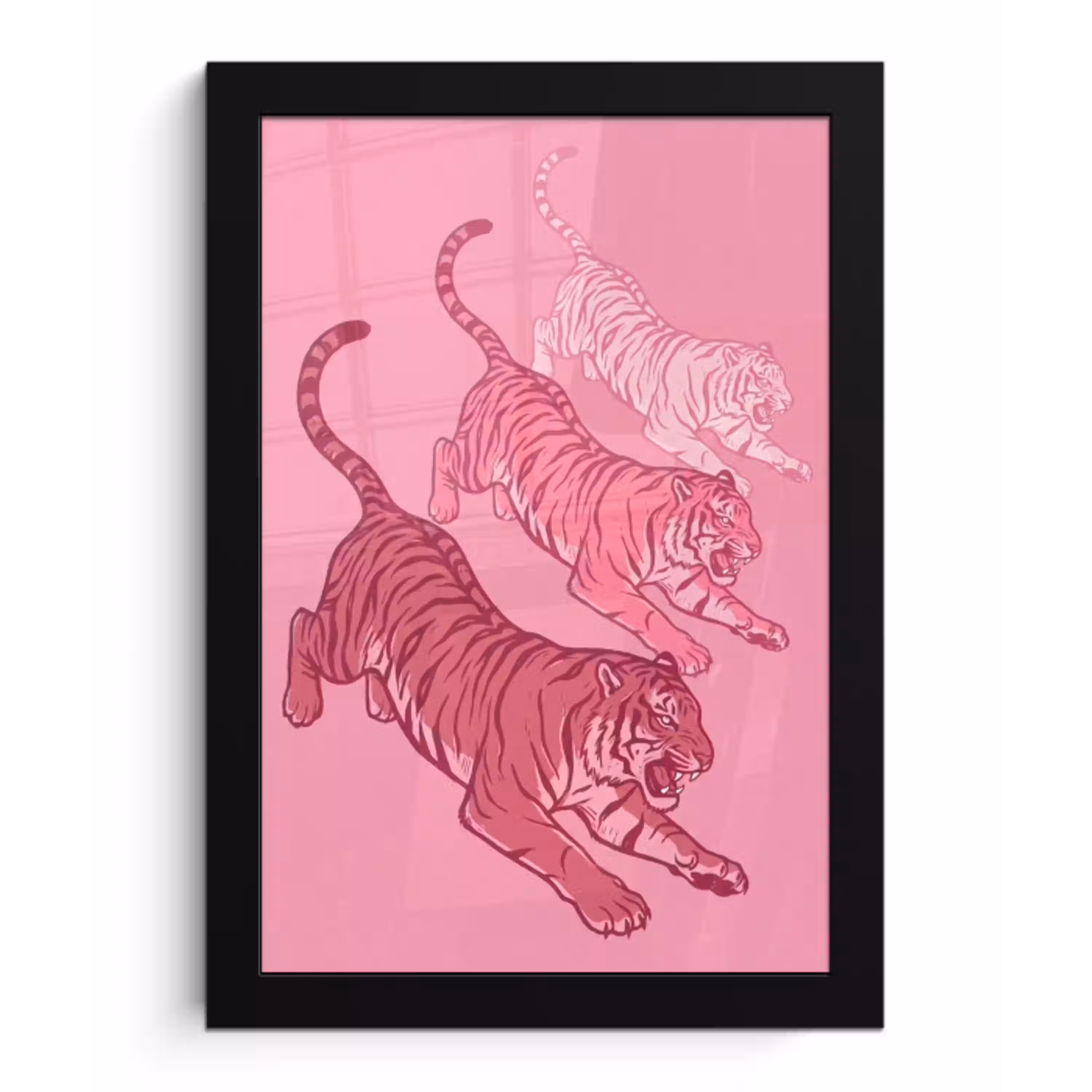Kat - Springend - Dieren - Roze - Modern fotolijst zwart zonder passe partout klein -3d