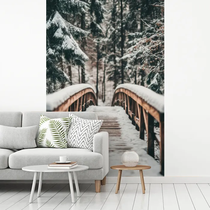 Brug - Winterlandschap - Bos - Natuur - Sneeuw fotobehang vinyl groot -woonkamer