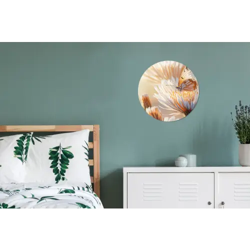 Vlinder - Bloem - Oranje Wandcirkel aluminium klein -slaapkamer