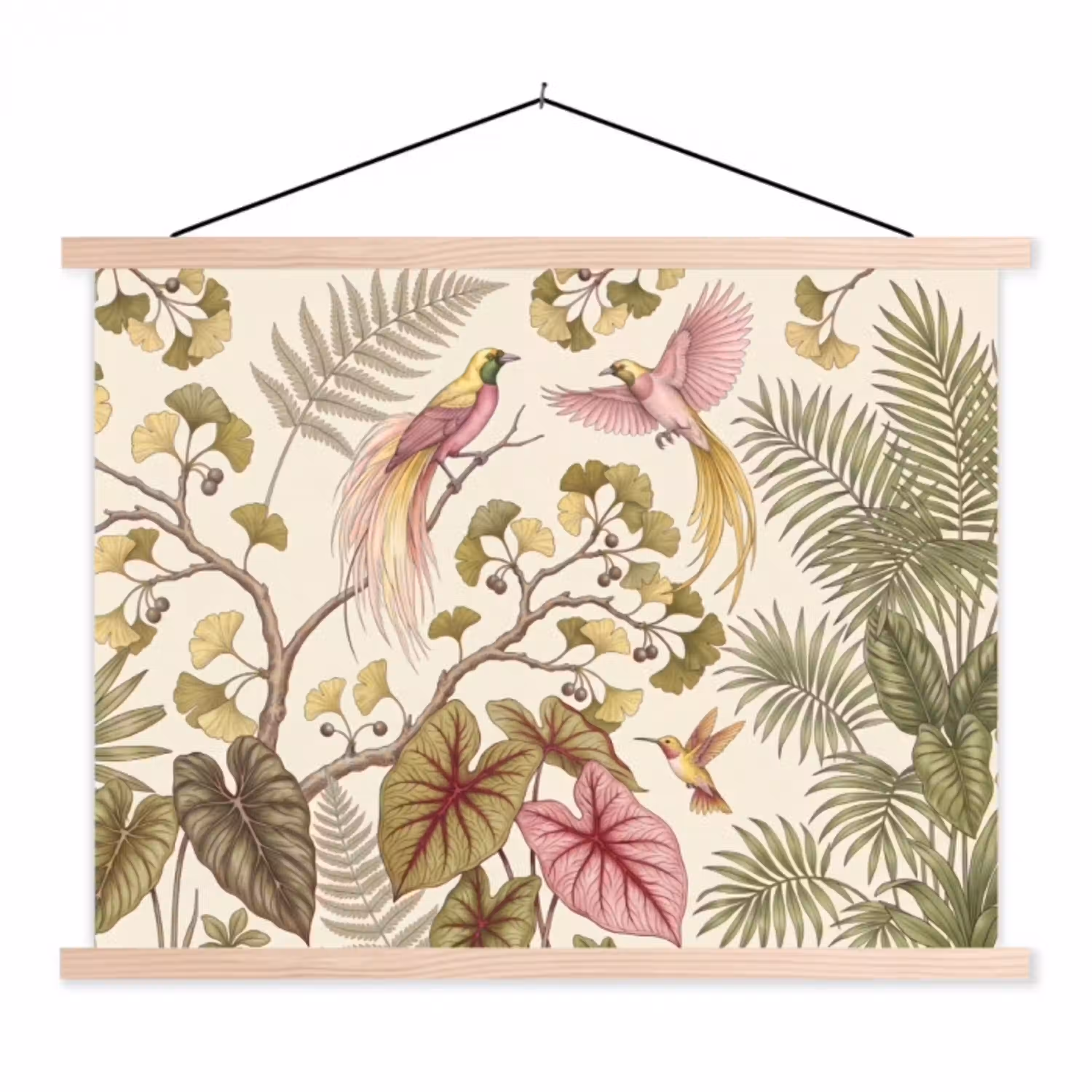 Vogels - Tropisch - Botanisch - Roze textielposter latten blank klein -3d