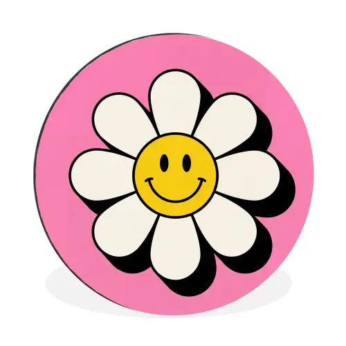 Smiley - Bloem - Roze Wandcirkel aluminium klein -3d