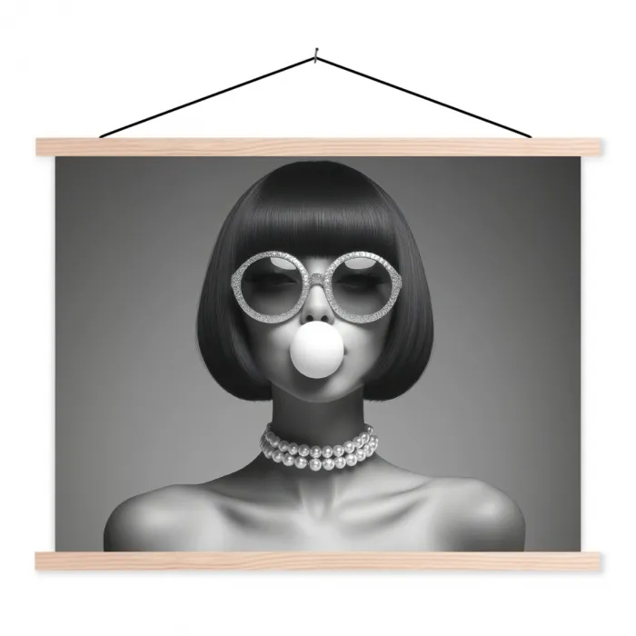 Vrouw - Zwart Wit - Ketting - Zonnebril textielposter latten blank klein -3d