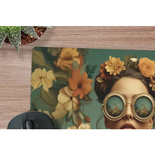 Bloemenkrans - Vrouwengezicht - Zonnebril - Oranje muismat rubber klein -closeup