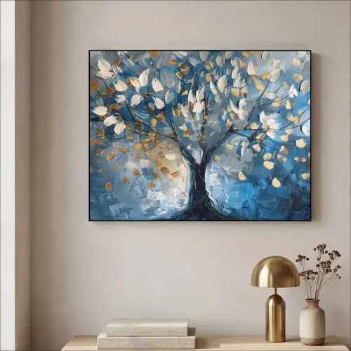 Boom - Blauw - Goud - Abstract Textielframe zwart klein -sfeer2