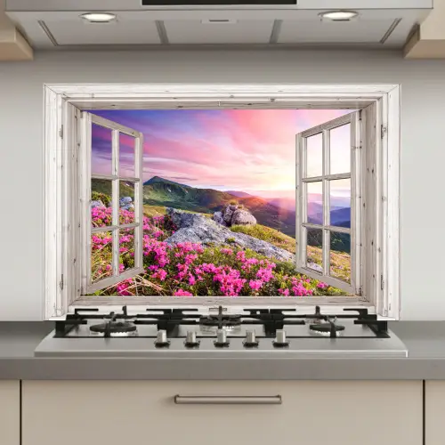Bergen - Landschap - Doorkijk - Bloemen - Avond - Roze keuken achterwand spatscherm klein -3d_website