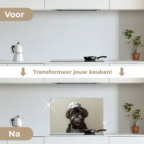 Kokskleding - Zwart - Hondje keuken achterwand spatscherm klein -voor_na_NL