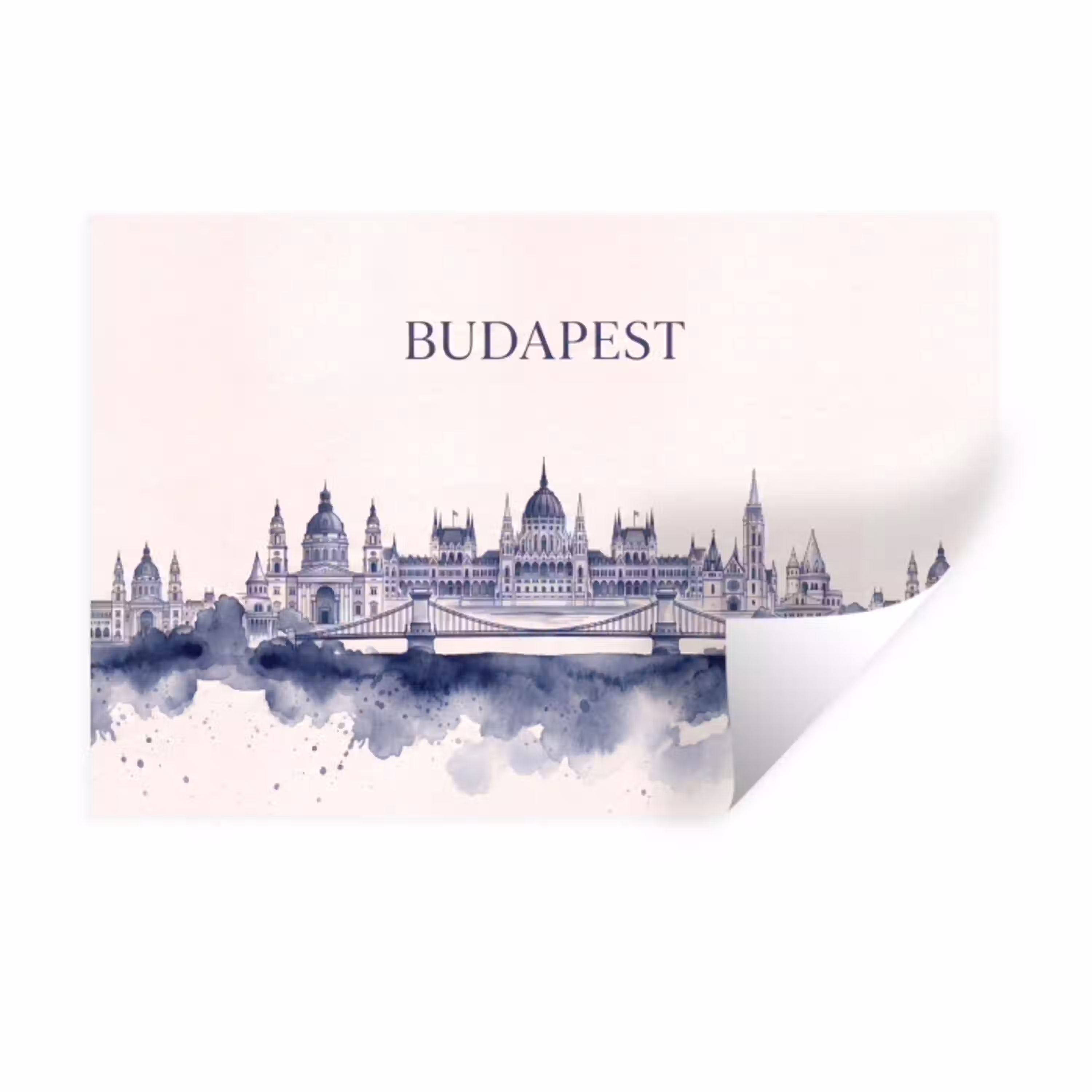 Boedapest - Skyline - Architectuur - Aquarel - Blauw Muursticker klein -3d
