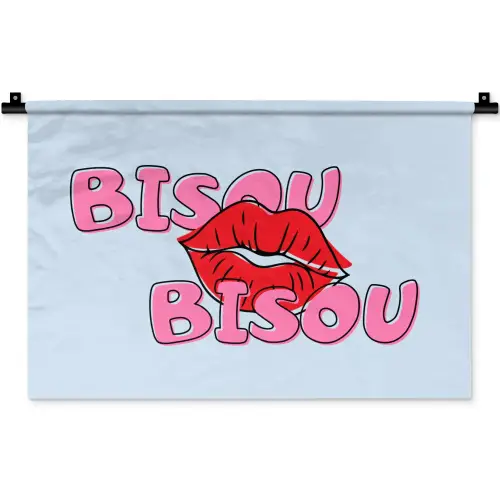 Bisou - Blauw - Roze - Lippen Wandkleed katoen klein -zz3d