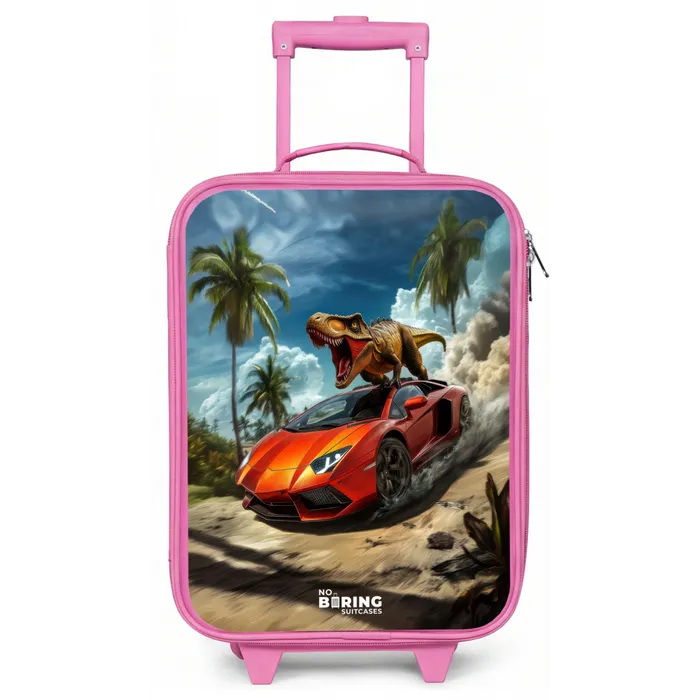 Rode sportauto met dino raast door tropisch strand Kinderkoffer - Roze klein -zz3dotto