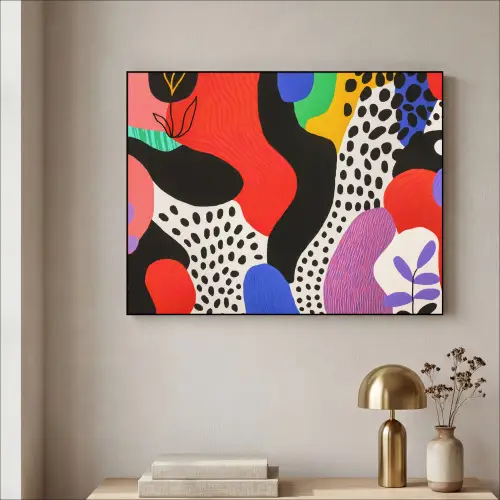 Abstract - Vormen - Kleuren - Stippen Textielframe zwart klein -sfeer2
