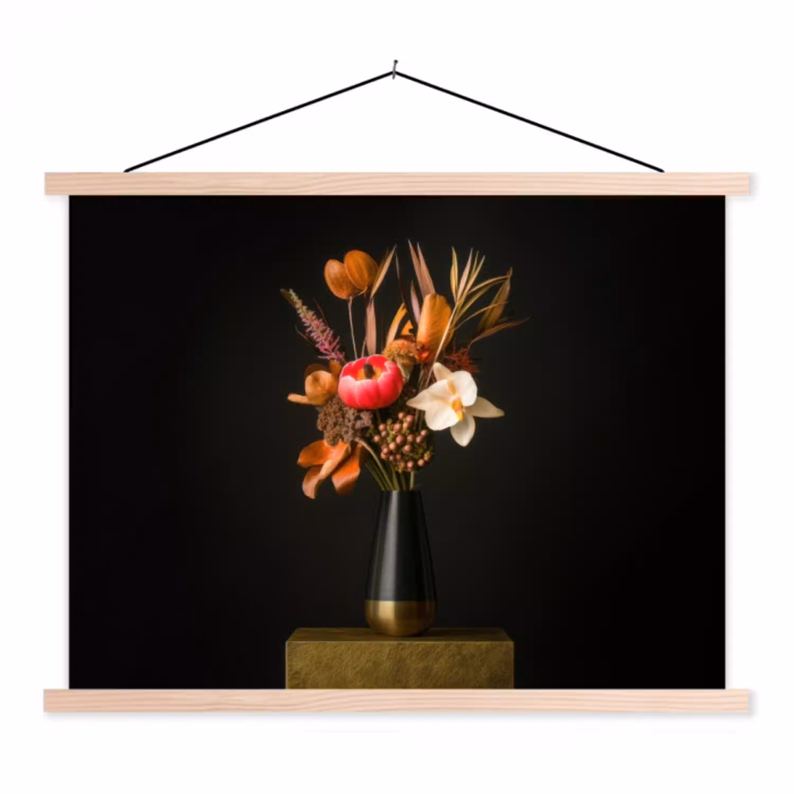 Boeket - Oranje - Gouden - vaas textielposter latten blank klein -3d
