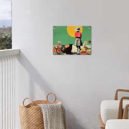 Retro - Meisje - Kat - Zon tuinposter los doek klein -sfeer8
