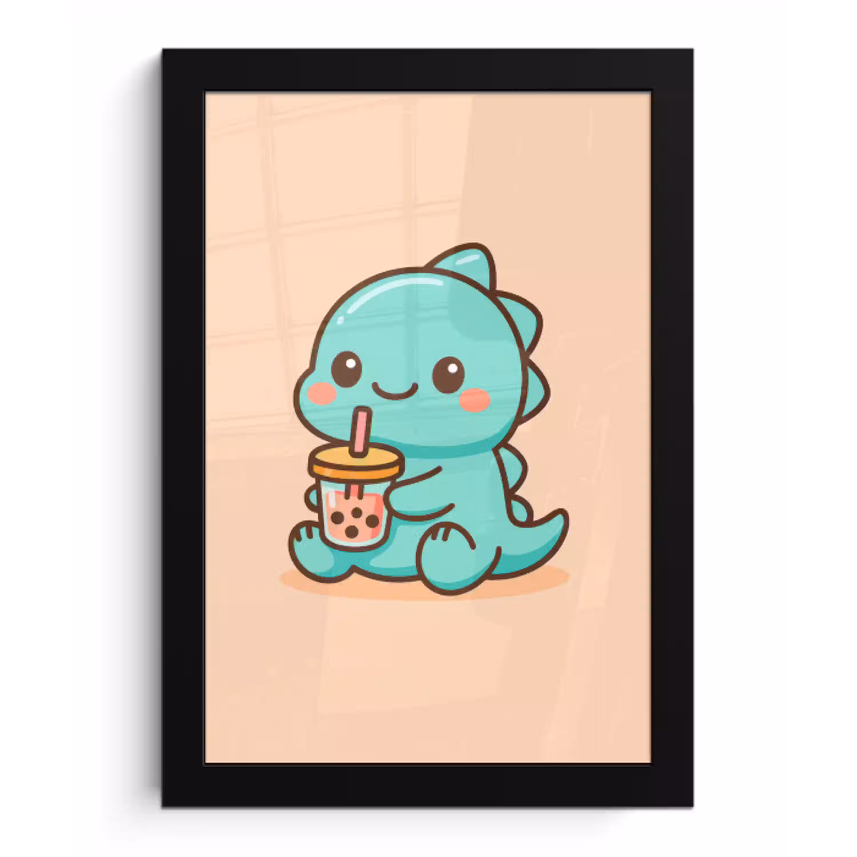 Dino - Boba - kawaii - Oranje fotolijst zwart zonder passe partout klein -3d