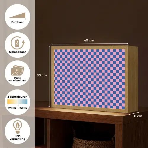 Dambord - Blauw - Patroon - Roze Light Box met batterij (Wandlamp kind) middel -USP_websiteoverzichtNL