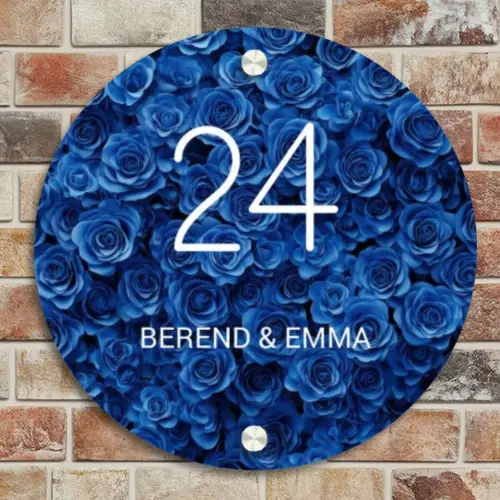 Blauwe rozen - Klassiek Naambord Rond klein -sfeer2