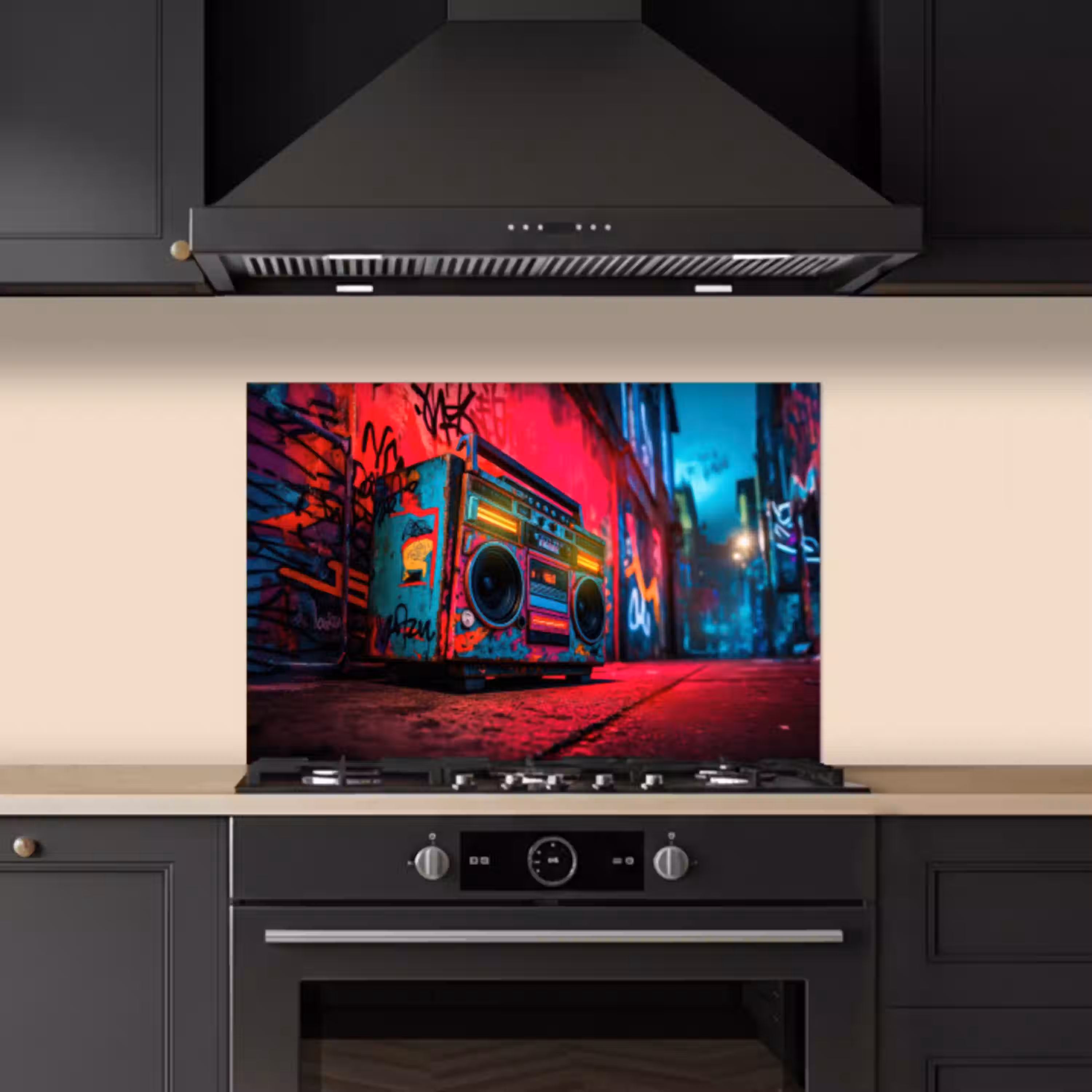 Boombox - Rood - Graffiti - Neon keuken achterwand spatscherm klein -sfeer1