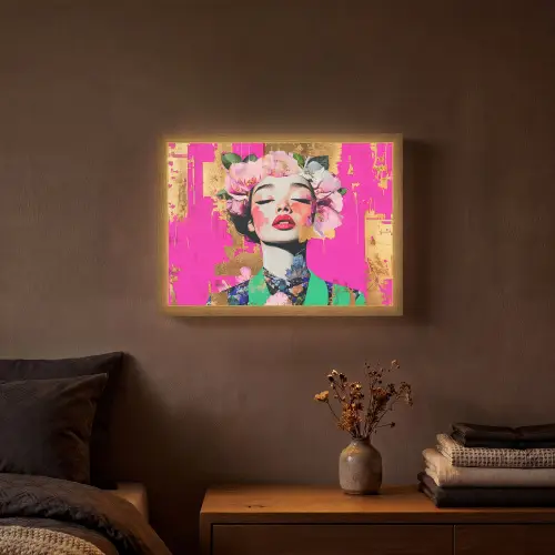 Bloemenkroon - Goud - Vrouw - Portret Light Box met batterij (Wandlamp) middel -sfeer4