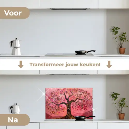 Boom - Levensboom - Roze - Goud keuken achterwand spatscherm klein -voor_na_NL
