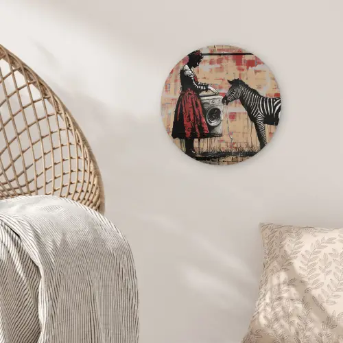 Street art - Zebra - Vrouw - Dieren - Graffiti - Banksy Wandcirkel kunststof plaat 5mm dik klein -sfeer5