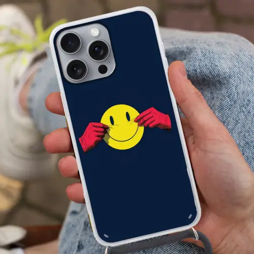 Smiley - Geel - Handen - Minimalistisch Hoesje iPhone 16 Pro Max met koord klein -sfeer3