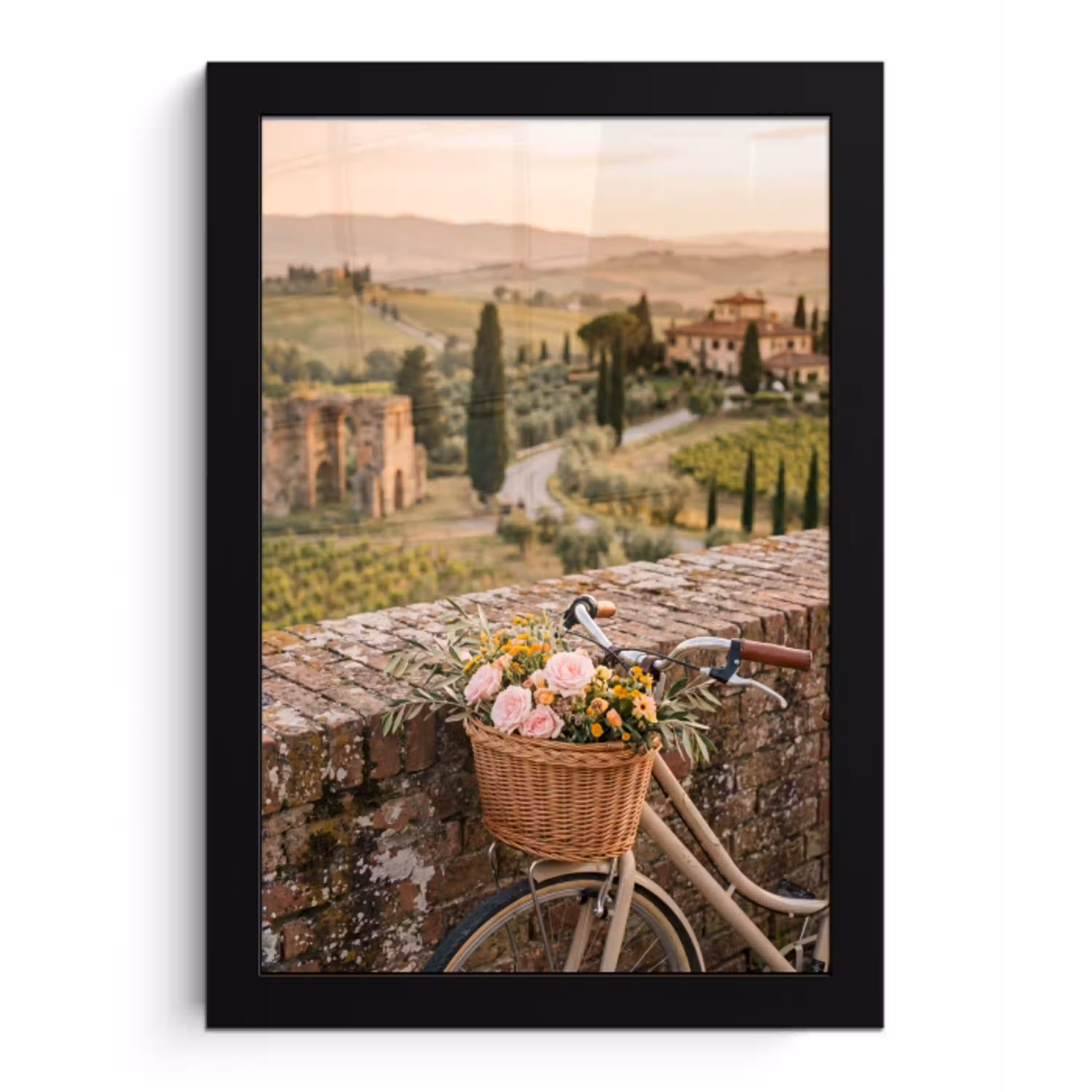 Fiets - Bloemen - Toscane - Landschap - Roze fotolijst zwart zonder passe partout klein -3d