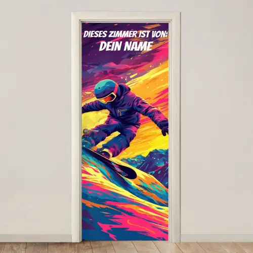 Snowboarder im Neon-Style auf bunter Piste mit personalisierbarem Namensfeld. deurposter klein -3d_beige