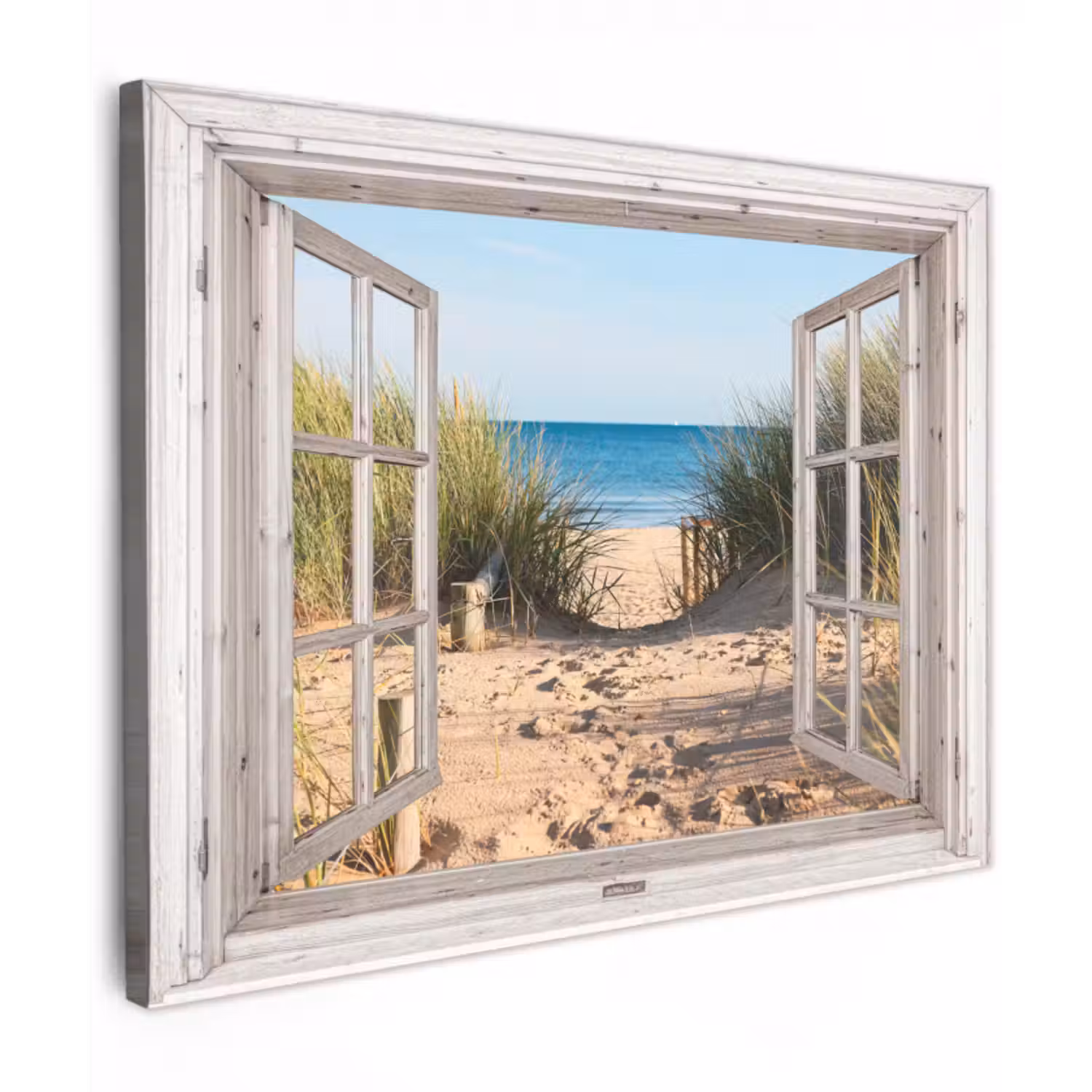 Canvas schilderij - Doorkijk - Strand - Zee - Duinen - Zand - Water - Helmgras