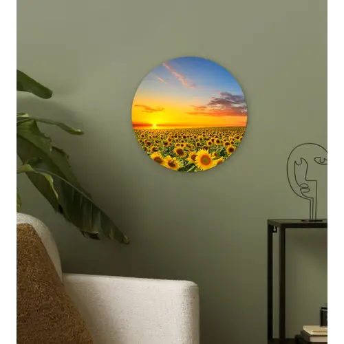 Bloemen - Zonnebloem - Zonsondergang - Nacht - Oranje Wandcirkel kunststof plaat 5mm dik klein -sfeer3