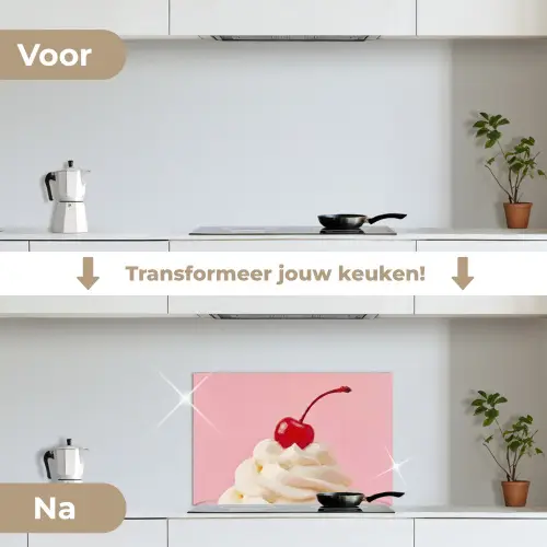 Kers - Slagroom - Roze keuken achterwand spatscherm klein -voor_na_NL