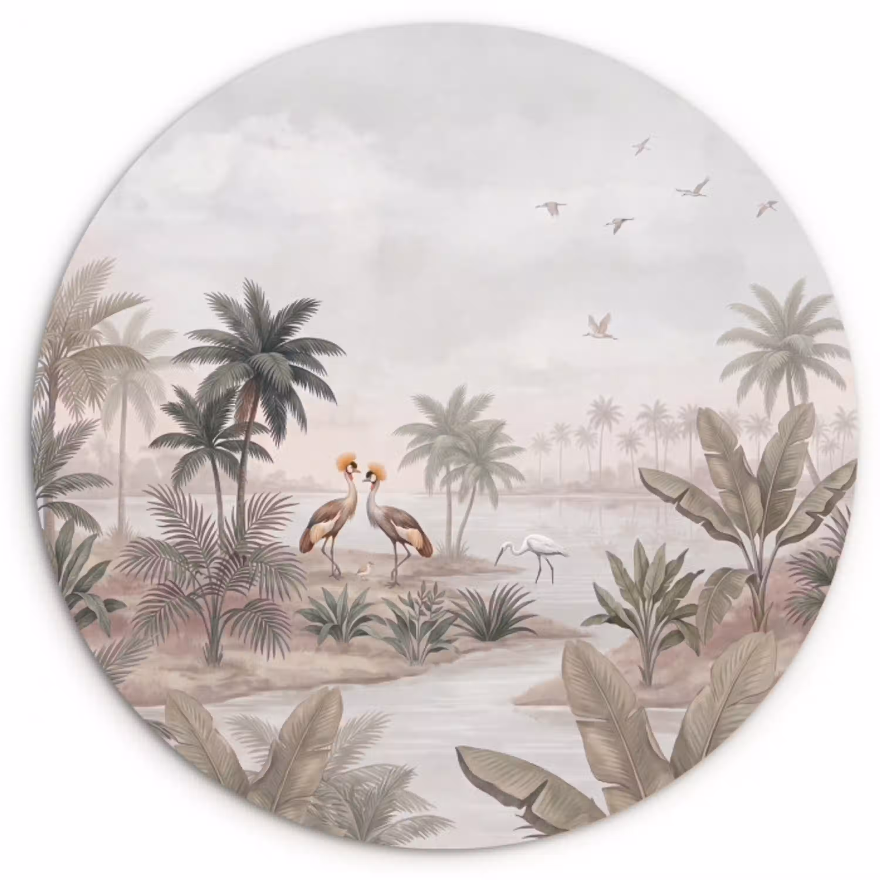 Kraanvogels - Palmbomen - Tropisch Wandcirkel kunststof plaat 5mm dik klein -3d