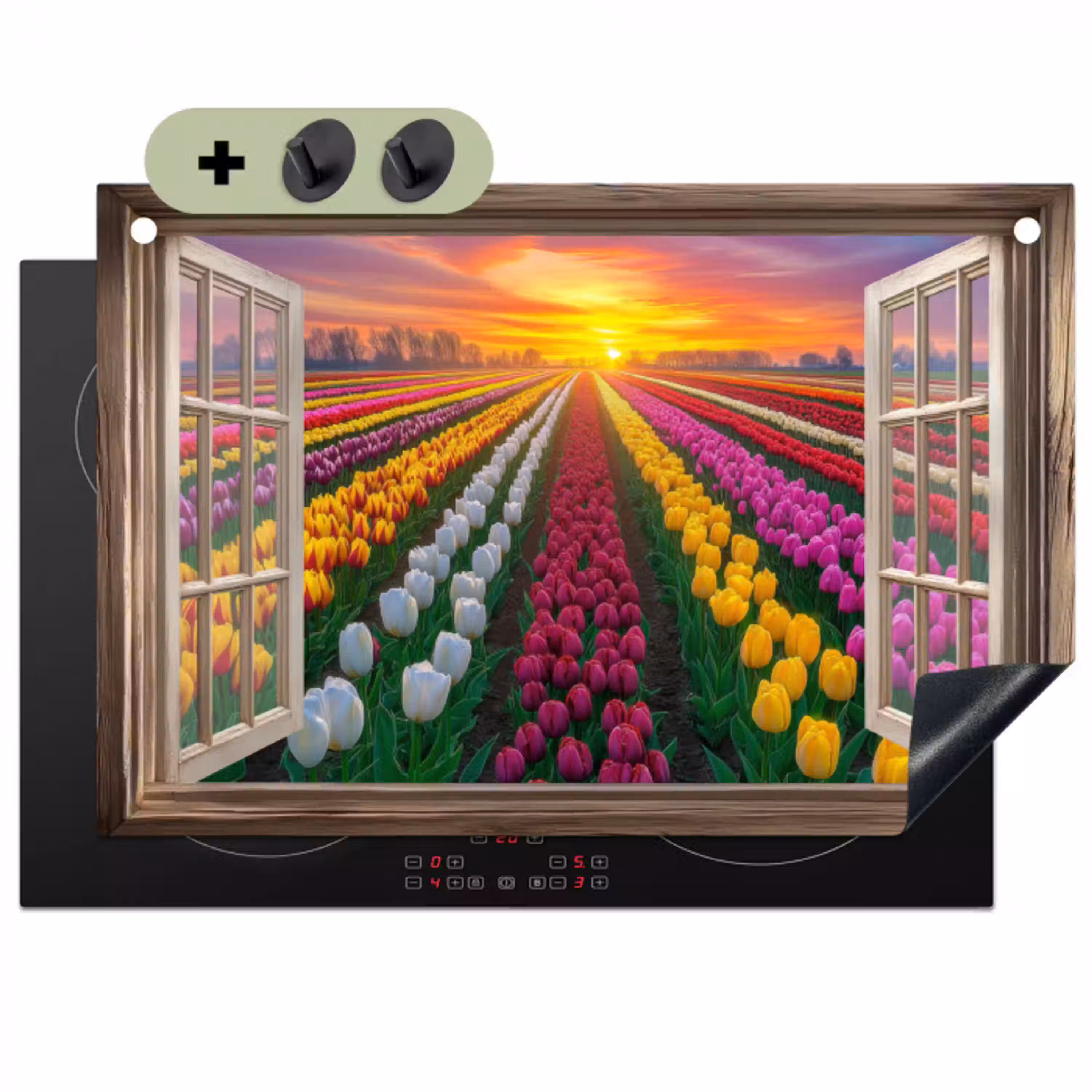 Doorkijk - Bloemen - Tulpen - Kleurrijk - Zonsondergang Inductie beschemer met haakjes klein -3d
